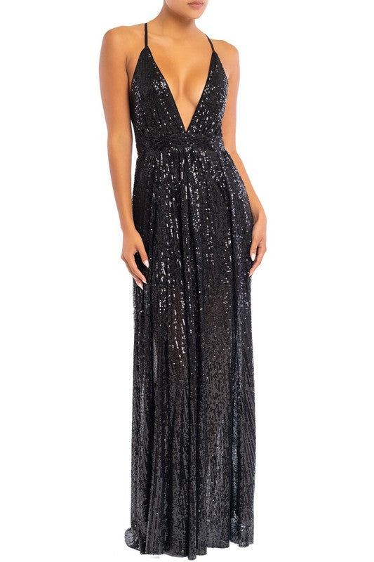 Elegant Black Sequence Strap Deep V-Neck Gown Dress