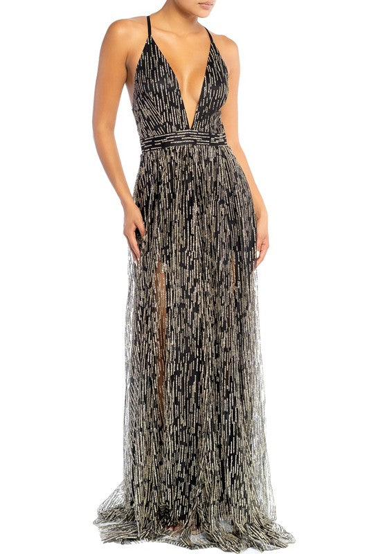 Elegant Black Gold Glitter Strap Deep V-Neck Gown