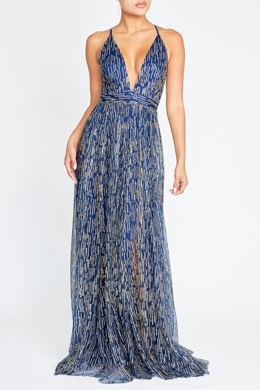 Elegant Navy Gold Glitter Strap Deep V-Neck Gown