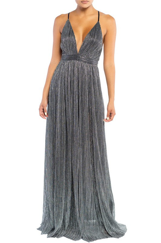 Elegant Black Silver Textured Detailed Strap Deep V-Neck Gown