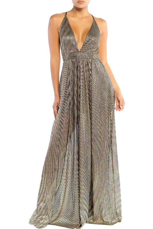 Elegant Black Gold Multi-Color Textured Detailed Strap Deep V-Neck Gown