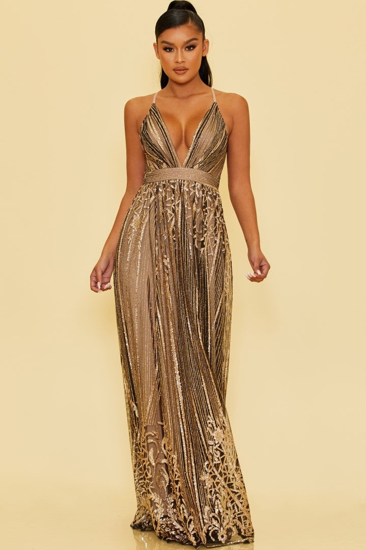 Elegant Black Nude Gold Sequence Glitter Baroque Strap Deep V-Neck Gown Dress