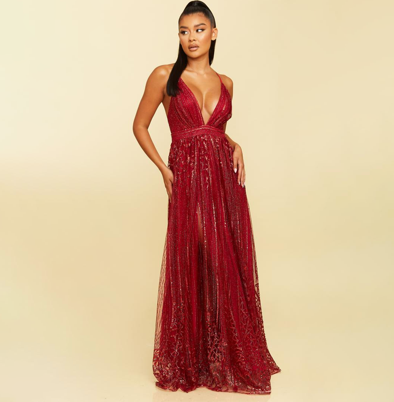 Elegant Red Sequence Glitter Baroque Strap Deep V-Neck Gown Dress