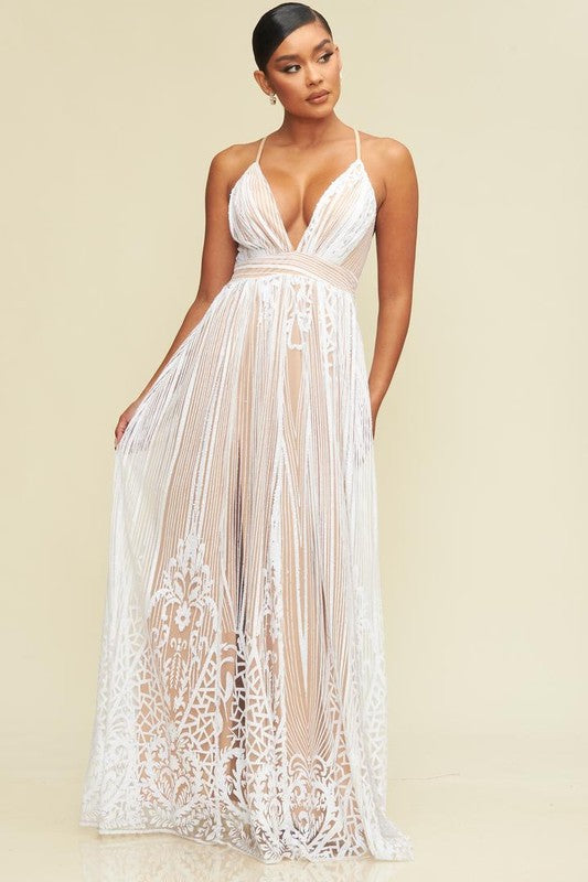 Elegant White-Nude Sequence Glitter Baroque Strap Deep V-Neck Gown Dress