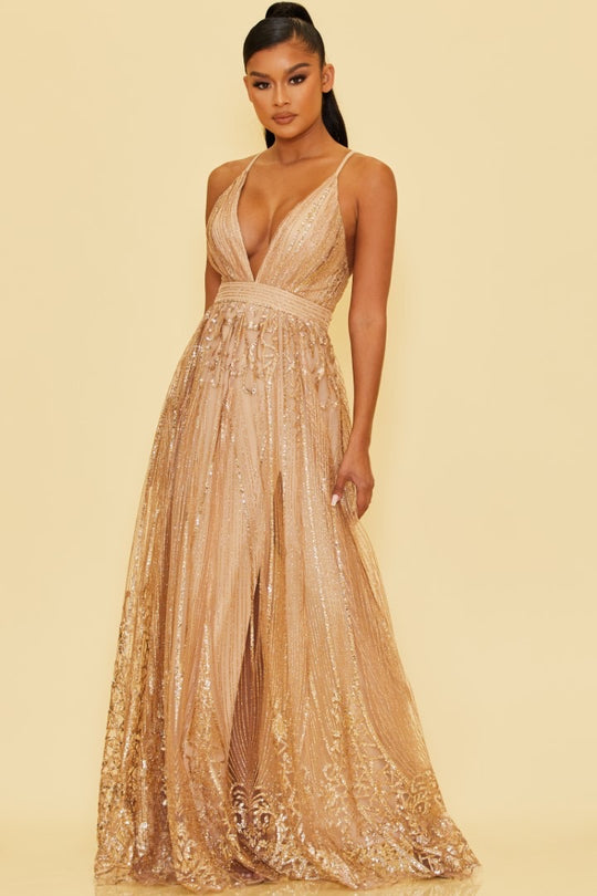 Elegant Rose Gold Sequence Glitter Baroque Strap Deep V-Neck Gown Dress