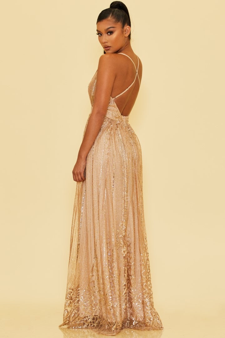 Elegant Rose Gold Sequence Glitter Baroque Strap Deep V-Neck Gown Dress