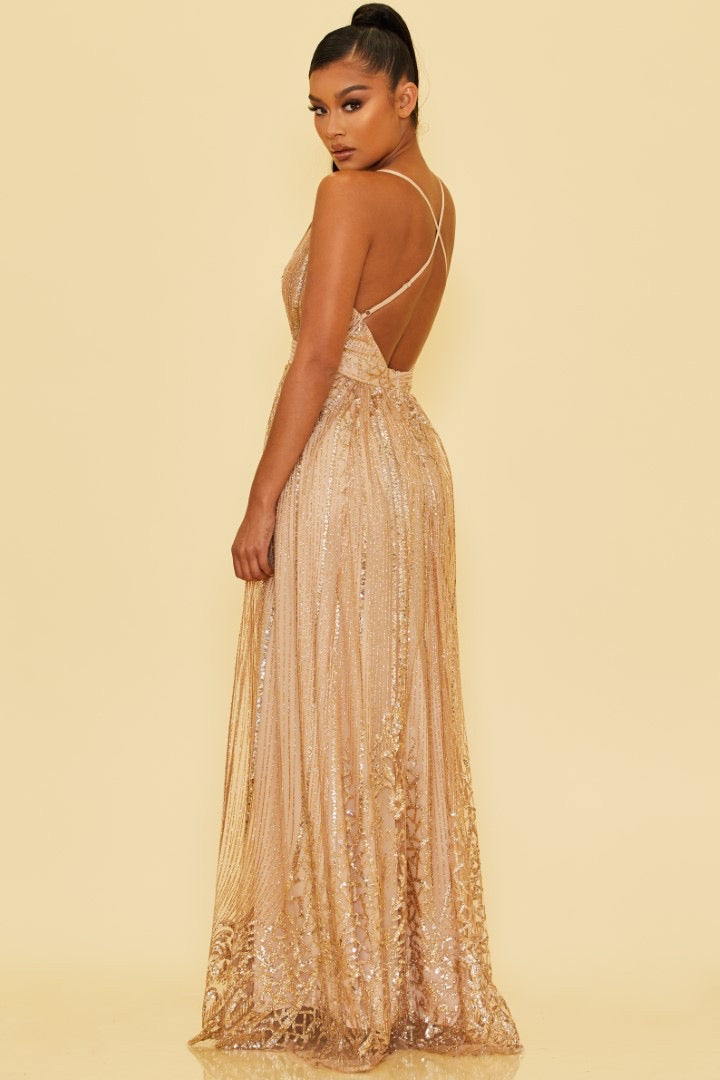 Elegant Rose Gold Sequence Glitter Baroque Strap Deep V-Neck Gown Dress L / Rose Gold Elegant Rose Gold Sequence Glitter Baroque Strap Deep V-Neck Gown Dress L / Rose Gold