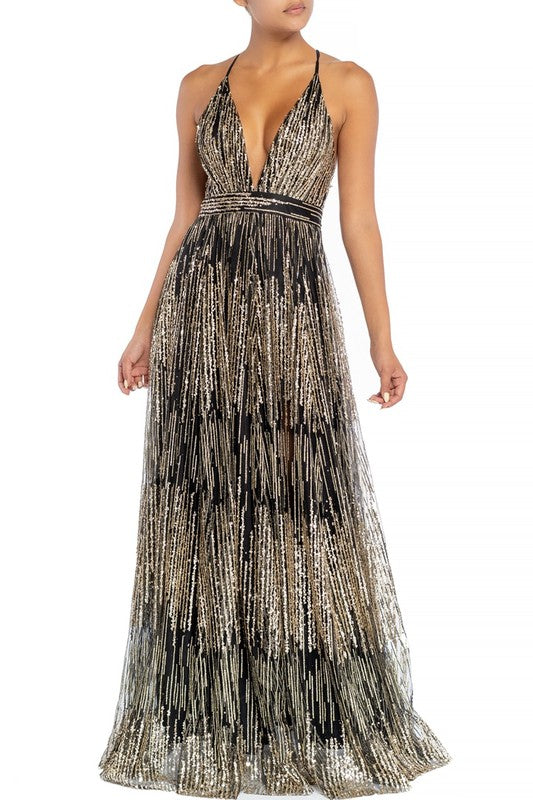 Elegant Black Gold Sequence Glitter Strap Deep V-Neck Gown Dress