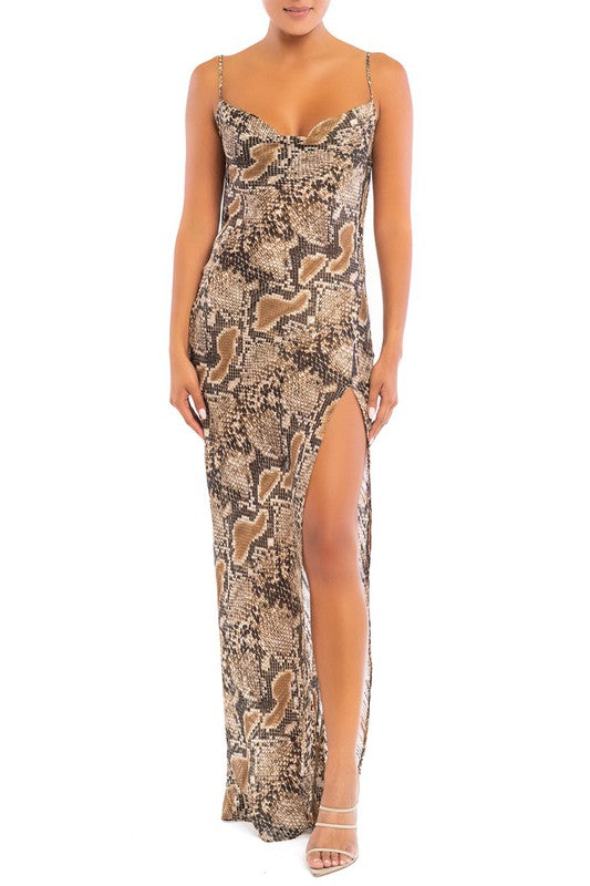 Fashion Strap Multi-Color Animal Print Open Back Maxi Dress with Slit