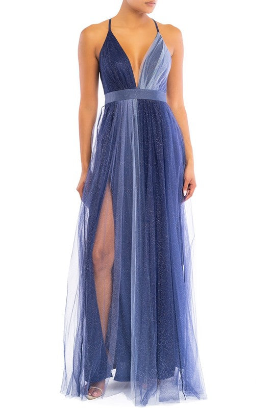Elegant Navy Silver Glitter Strap Deep V-Neck Maxi Dress