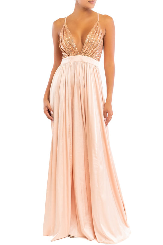 Elegant Rose Gold Sequence Strap Deep V-Neck Satin Maxi Dress
