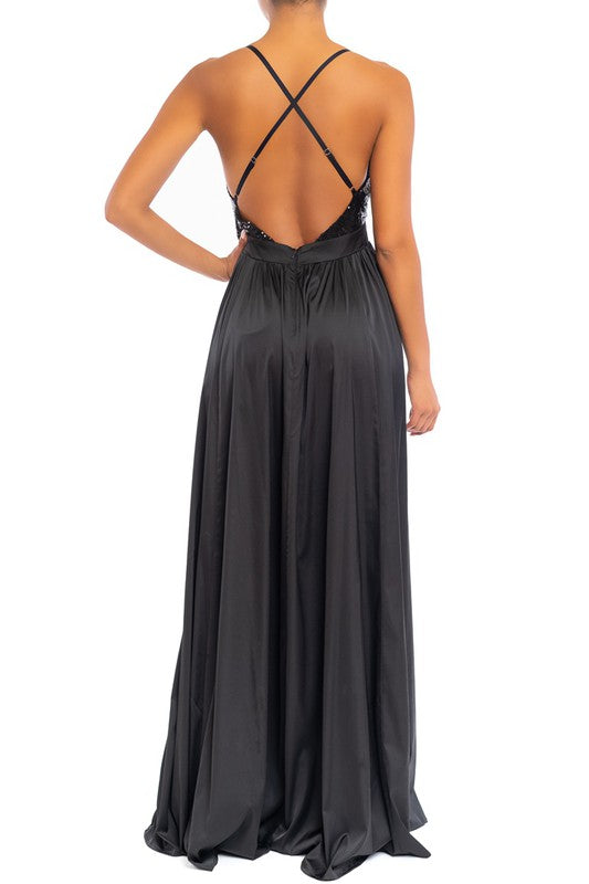 Elegant Black Sequence Strap Deep V-Neck Satin Maxi Dress