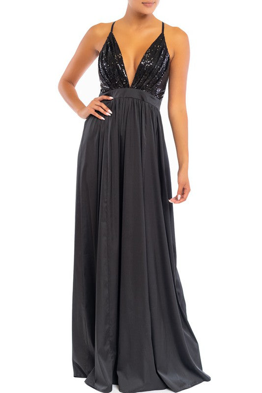 Elegant Black Sequence Strap Deep V-Neck Satin Maxi Dress