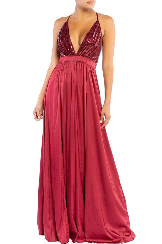 Elegant Wine Sequence Strap Deep V-Neck Satin Maxi Dress