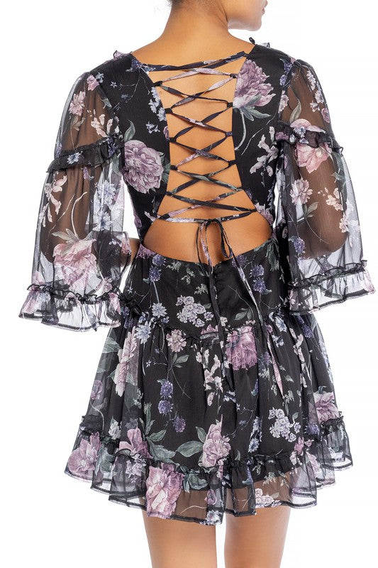 Fashion Black Floral Multi-Color Print V-Neck Ruffle Back Tie-Up Dress