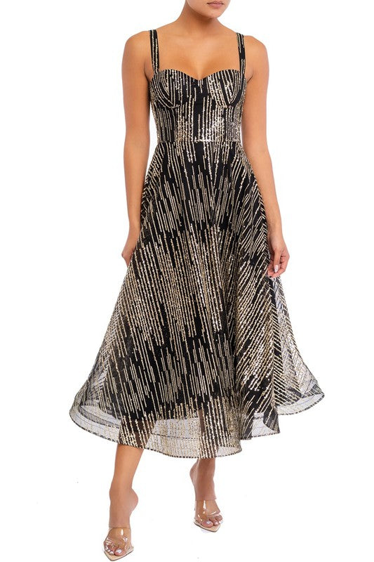 Elegant Black Gold Sequence Glitter Layered Ruffle Dress