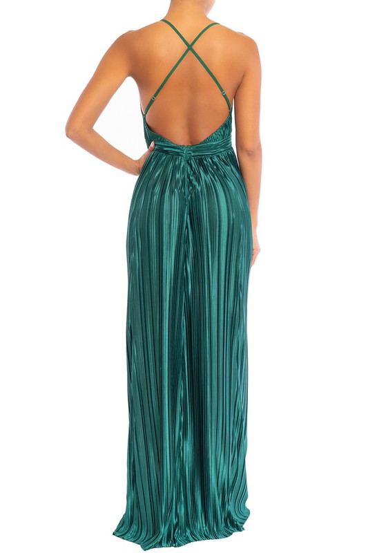 Elegant Hunter Green Pleated Detailed Strap Deep V-Neck Satin Maxi Dress
