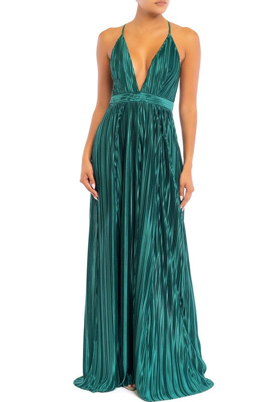 Elegant Hunter Green Pleated Detailed Strap Deep V-Neck Satin Maxi Dress