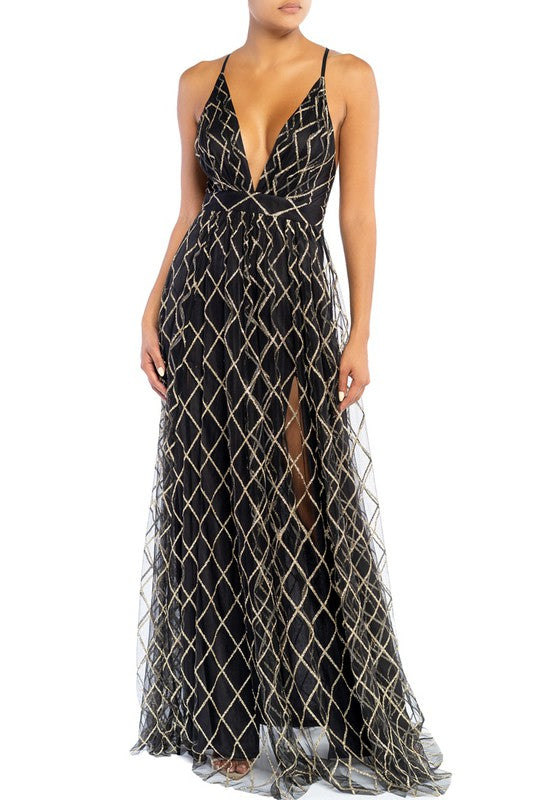 Elegant Black Gold Geometric Glitter Strap Deep V-Neck Gown
