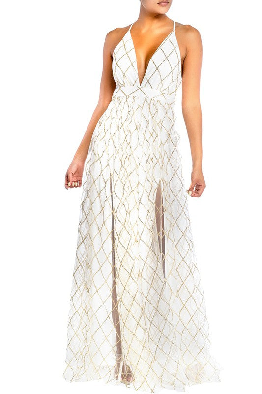Elegant White Gold Geometric Glitter Strap Deep V-Neck Gown