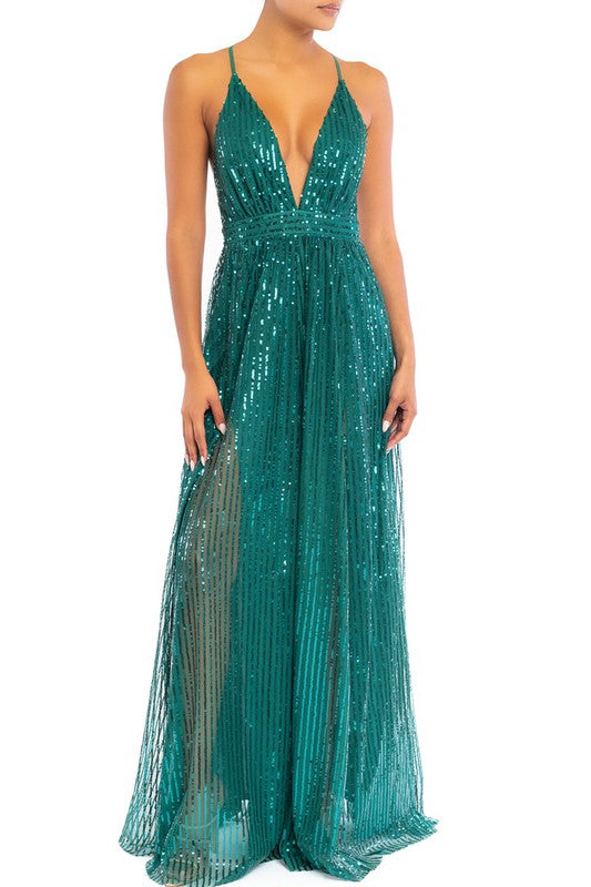 Elegant Hunter Green Sequence Striped Detailed Strap Deep V-Neck Gown Dress