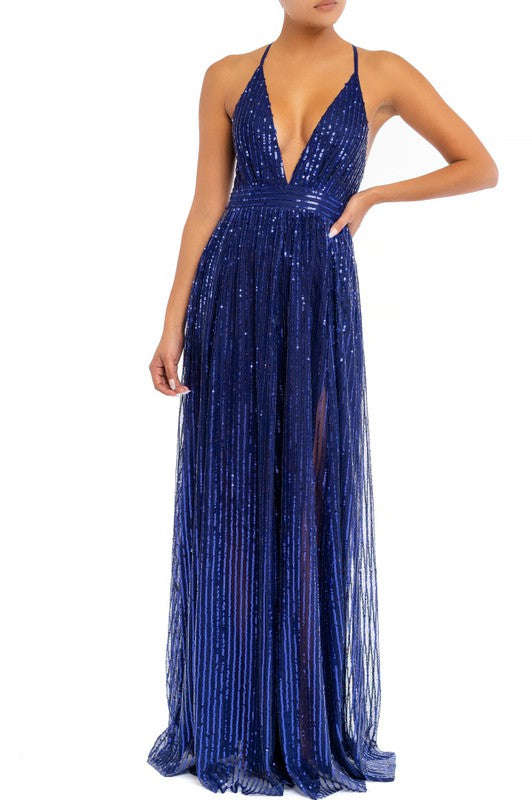 Elegant Navy Sequence Striped Detailed Strap Deep V-Neck Gown Dress