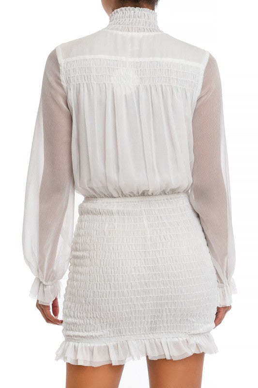 Elegant White Button Down Elastic Ruffle Dress with Long Sleeve