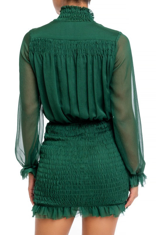 Elegant Hunter Green Button Down Elastic Ruffle Dress with Long Sleeve