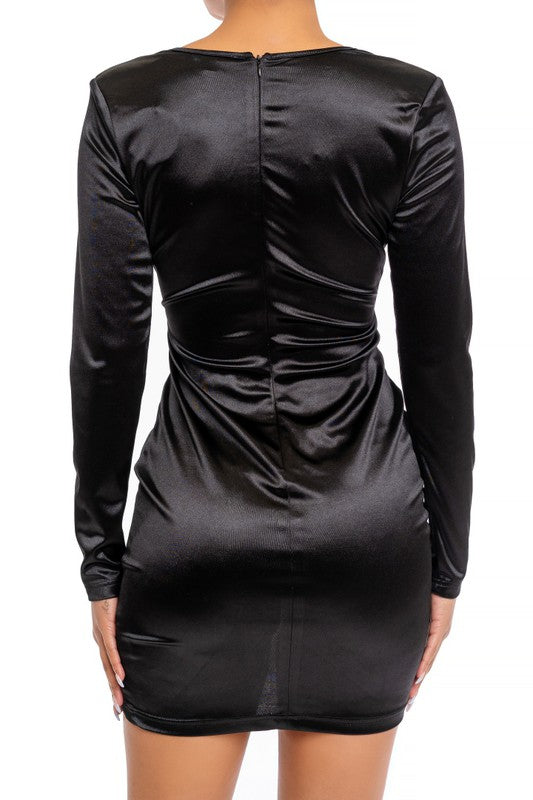 Elegant Black Satin Deep V-Neck Wrap Tie-Up Dress with Long Sleeve