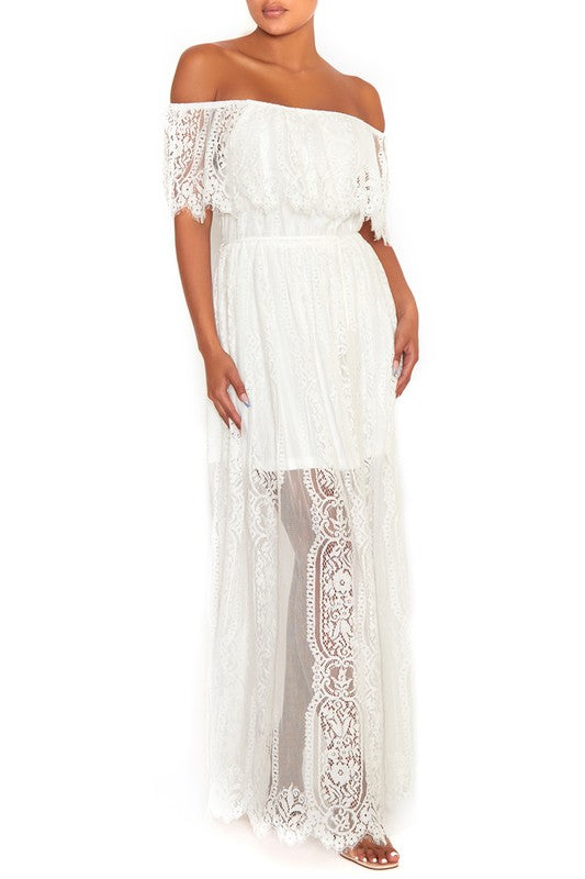 Elegant Off Shoulder White Lace Detailed Maxi Dress