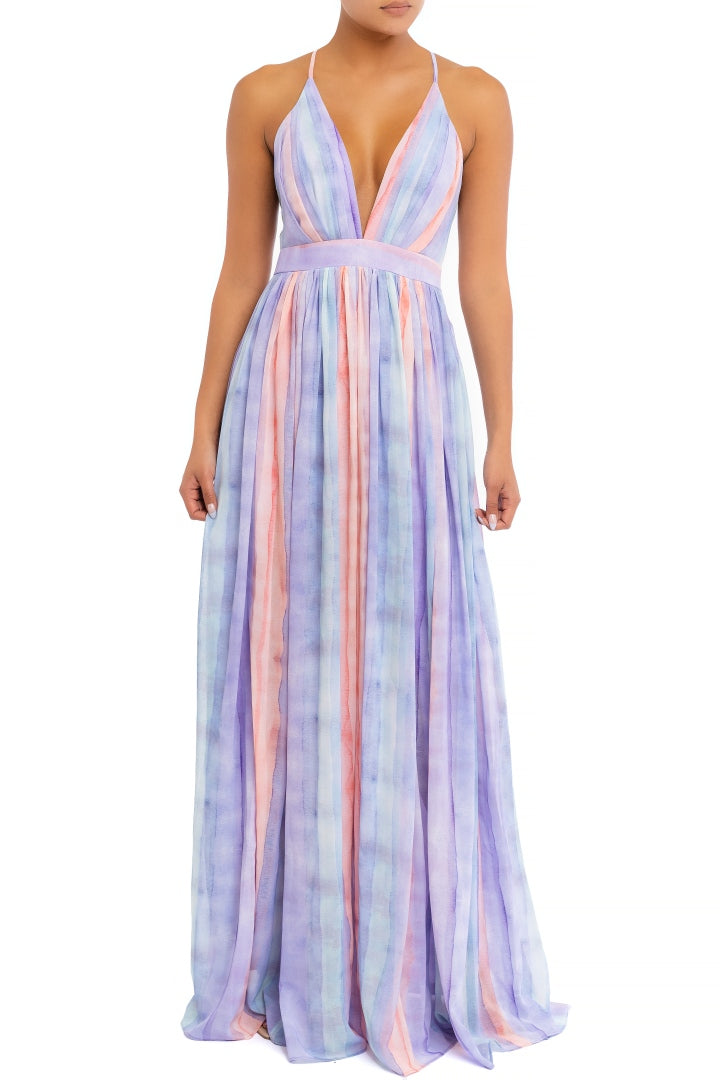 Elegant Lilac Pastel Watercolor Strap Deep V-Neck Maxi Dress