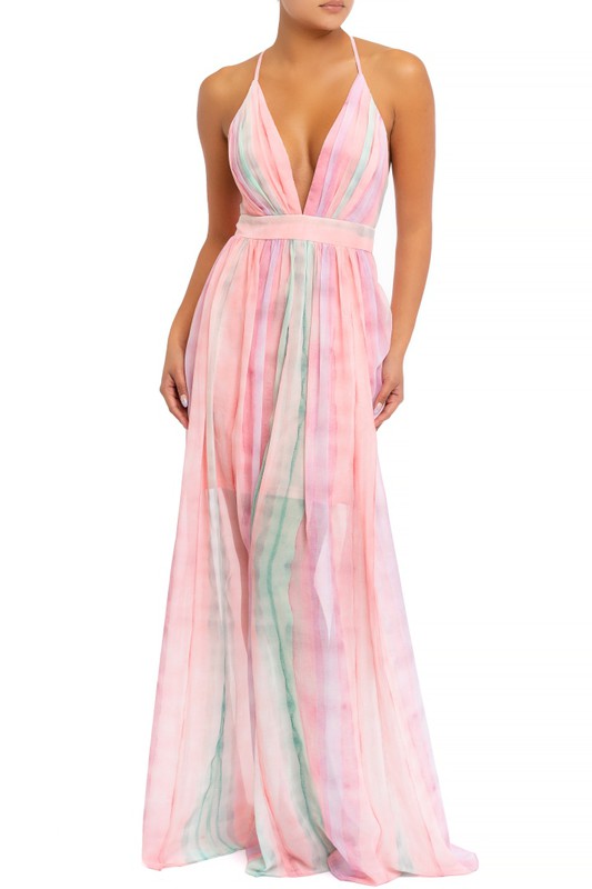Elegant Pink Green Pastel Watercolor Strap Deep V-Neck Maxi Dress