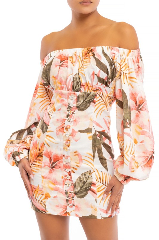 Elegant White Off Shoulder Multi-Color Tropical Print Button Down Dress with Puffy Sleeve