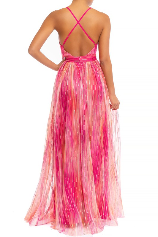 Elegant Fuchsia Multi-Color Gold Detailed Strap Deep V-Neck Maxi Dress EDITE MODE Elegant Fuchsia Multi-Color Gold Detailed Strap Deep V-Neck Maxi Dress EDITE MODE
