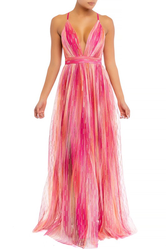 Elegant Fuchsia Multi-Color Gold Detailed Strap Deep V-Neck Maxi Dress