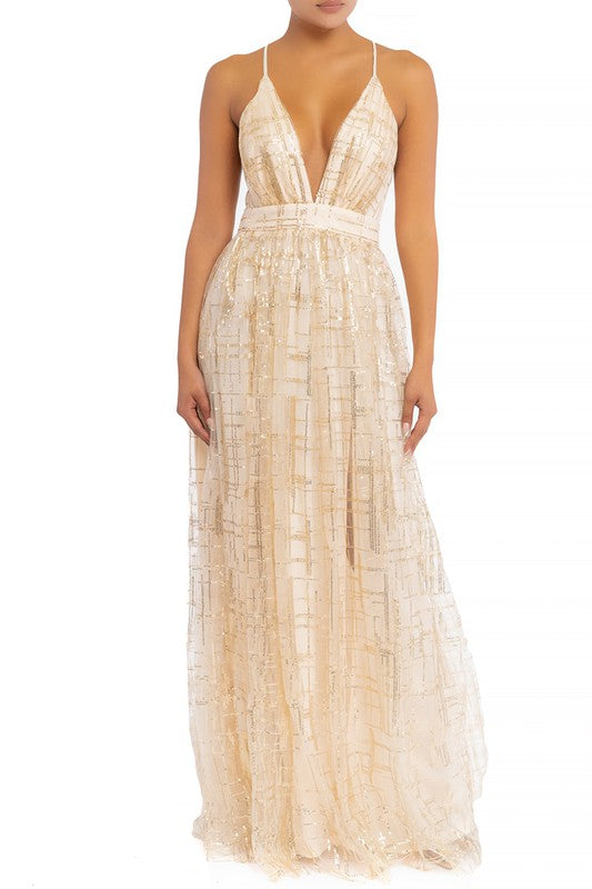 Elegant Gold Grid Detailed Sequence Glitter Strap Deep V-Neck Maxi Dress