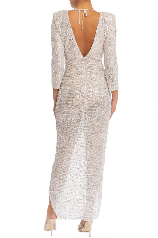 Elegant Nude Silver Sequence Deep V-Neck Ruched Maxi Dress with Long Sleeve