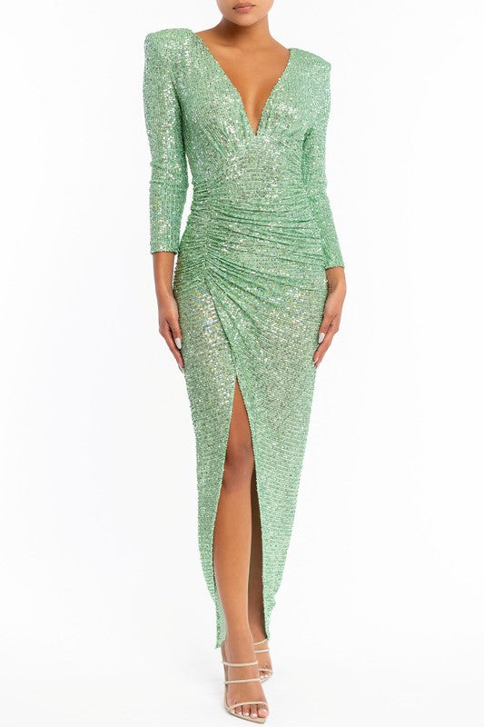 Elegant Mint Sequence Deep V-Neck Ruched Maxi Dress with Long Sleeve