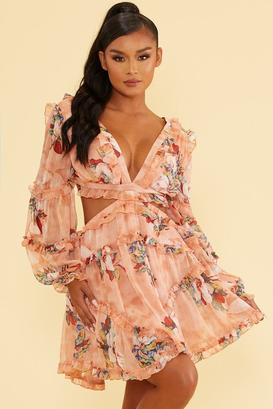 Elegant Blush Multi-Color Floral Print V-Neck Ruffle Cut-Out Back Tie-Up Dress with Long Sleeve