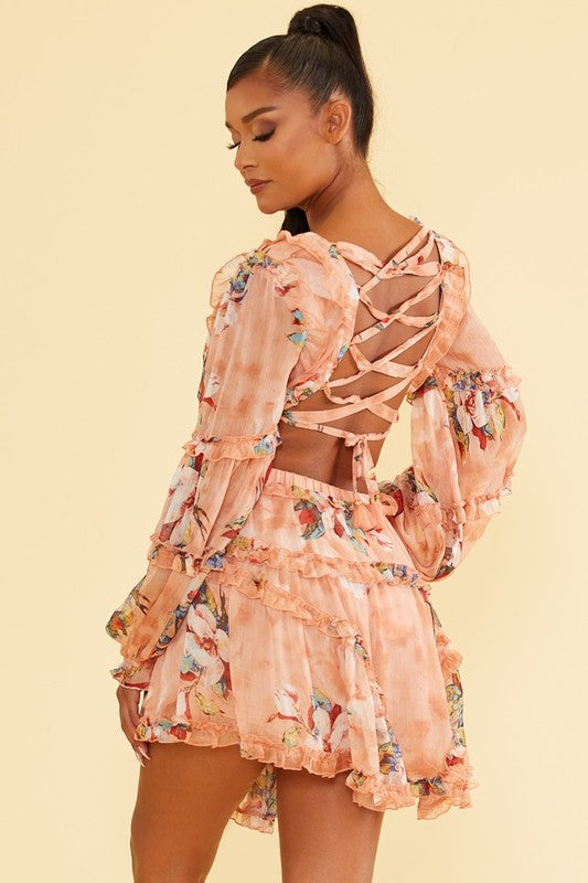 Elegant Blush Multi-Color Floral Print V-Neck Ruffle Cut-Out Back Tie-Up Dress with Long Sleeve