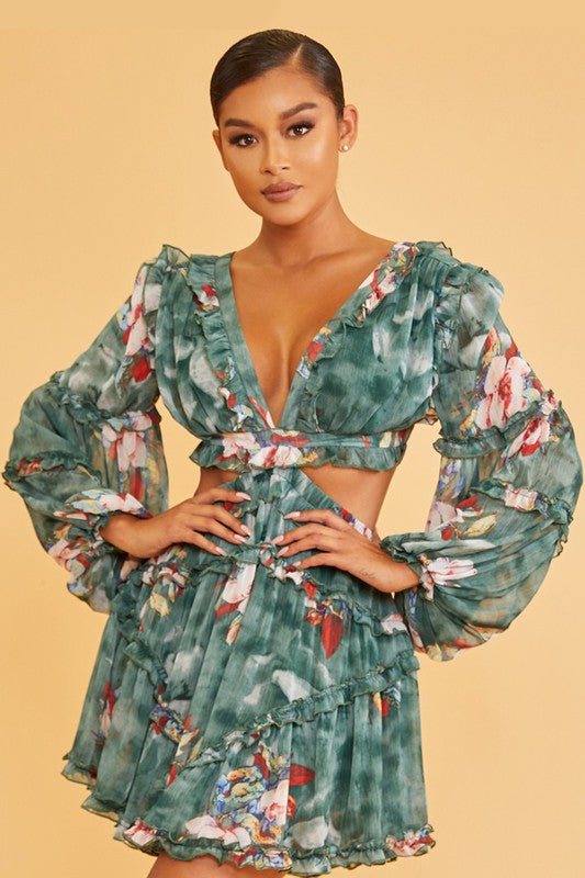 Elegant Hunter Green Multi-Color Floral Print V-Neck Ruffle Cut-Out Back Tie-Up Dress with Long Sleeve