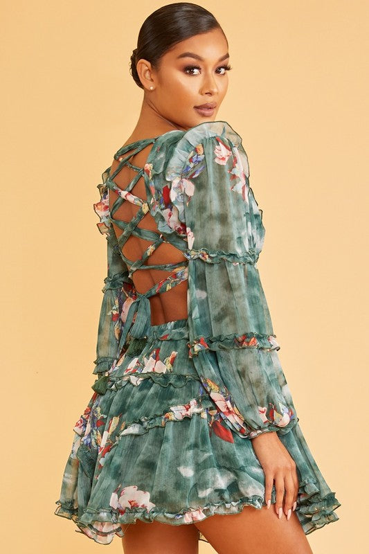 Elegant Hunter Green Multi-Color Floral Print V-Neck Ruffle Cut-Out Back Tie-Up Dress with Long Sleeve