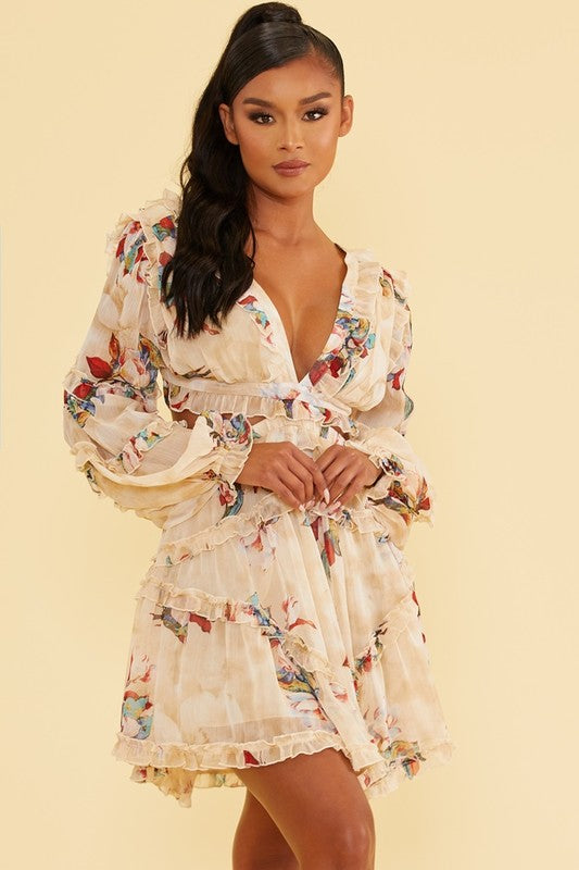 Elegant Ivory Multi-Color Floral Print V-Neck Ruffle Cut-Out Back Tie-Up Dress with Long Sleeve