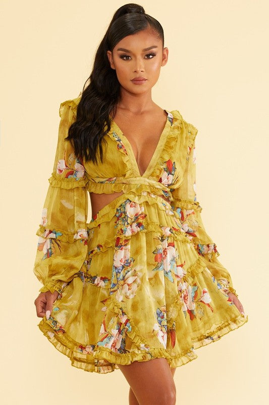 Elegant Moss Multi-Color Floral Print V-Neck Ruffle Cut-Out Back Tie-Up Dress with Long Sleeve