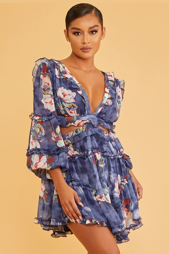 Elegant Navy Multi-Color Floral Print V-Neck Ruffle Cut-Out Back Tie-Up Dress with Long Sleeve