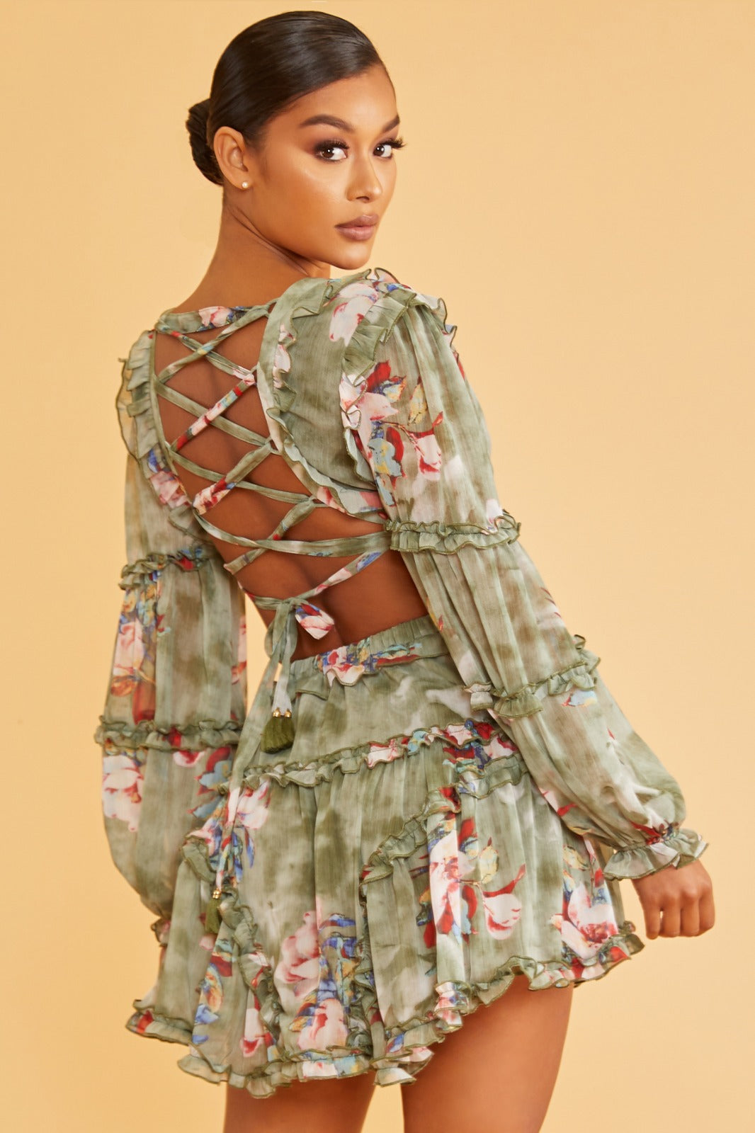 Elegant Olive Multi-Color Floral Print V-Neck Ruffle Cut-Out Back Tie-Up Dress with Long Sleeve S / Olive Elegant Olive Multi-Color Floral Print V-Neck Ruffle Cut-Out Back Tie-Up Dress with Long Sleeve S / Olive