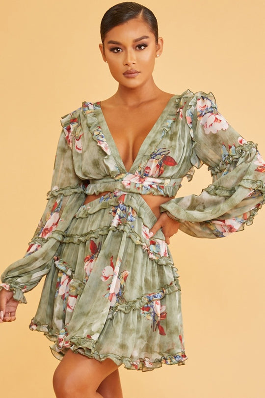 Elegant Olive Multi-Color Floral Print V-Neck Ruffle Cut-Out Back Tie-Up Dress with Long Sleeve