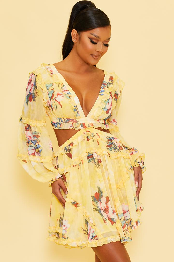 Elegant Light Yellow Multi-Color Floral Print V-Neck Ruffle Cut-Out Back Tie-Up Dress with Long Sleeve