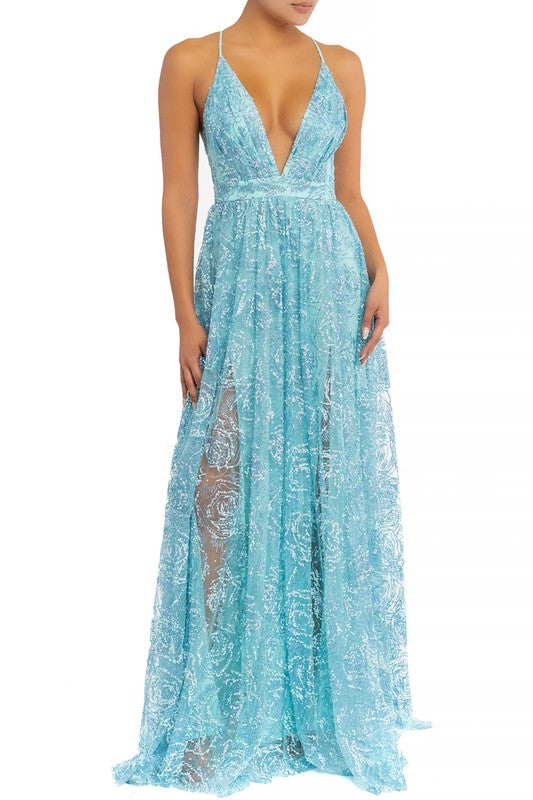 Elegant Light Blue Multi-Color Floral Sequence Glitter Strap Deep V-Neck Gown Dress