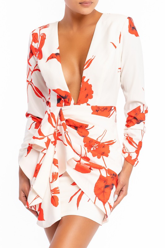 Elegant White Red Floral Print Deep V-Neck Ruffle Tie-Up Open Back Dress with Long Sleeve